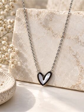 Silver Heart Pendant Necklace Mother of Pearl Inlay Minimalist Boho Jewelry